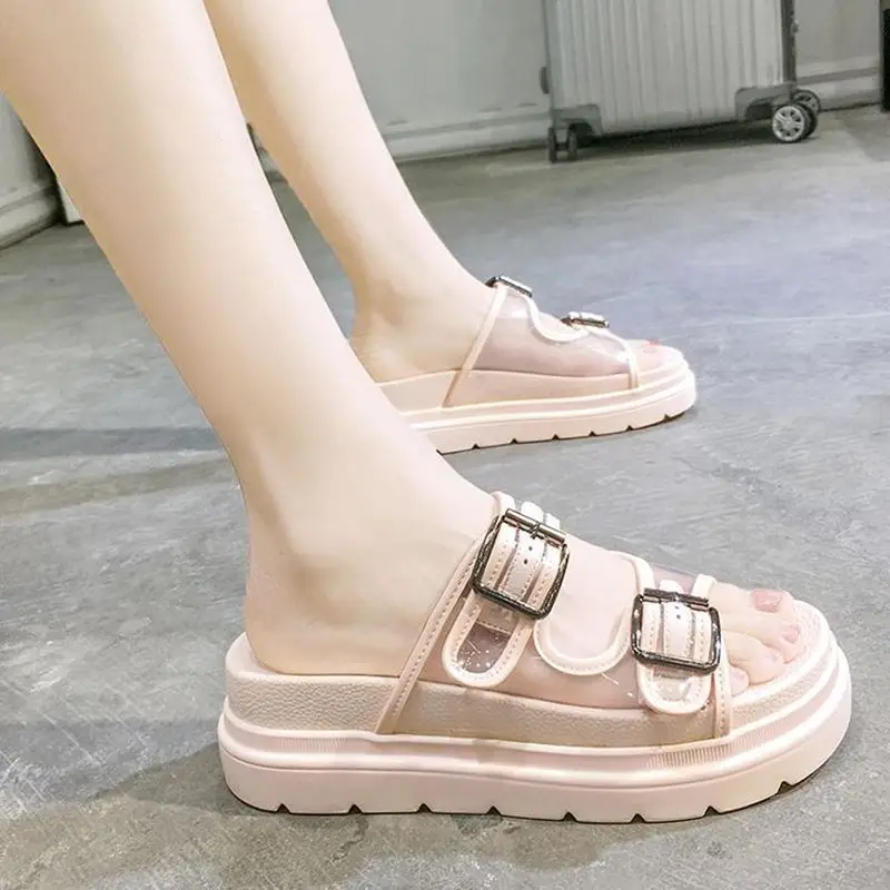 

Flat Shoes Female Transparent Slippers Summer Clogs Woman Pantofle Slides Rubber Flip Flops Med Platform Fashion Beach 2021 Hawa