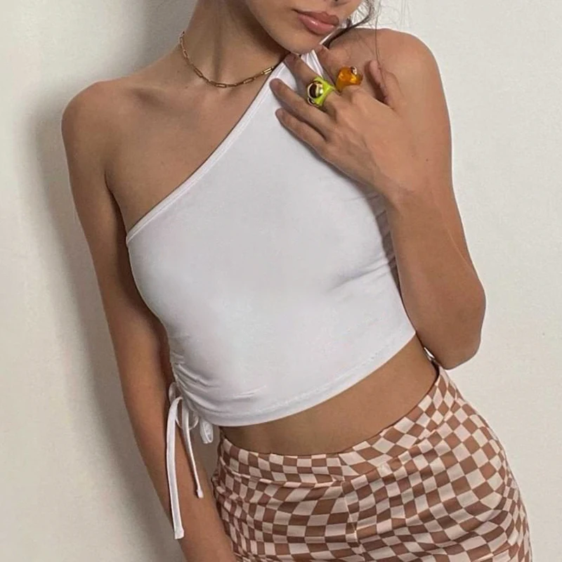 

One Shoulder Y2k Crop Tank Tops Side Drawstring Vest For Women Basic Sleeveless 2021Summer Tee Slim White Shirt Outfits Female