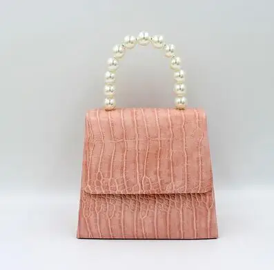 pink Женские Сумки из искусственной кожи, маленькая сумка с жемчужной ручкой, сумки через плечо на цепочке, женские классические сумки с каменным узором, сумочка - Цвет: pink