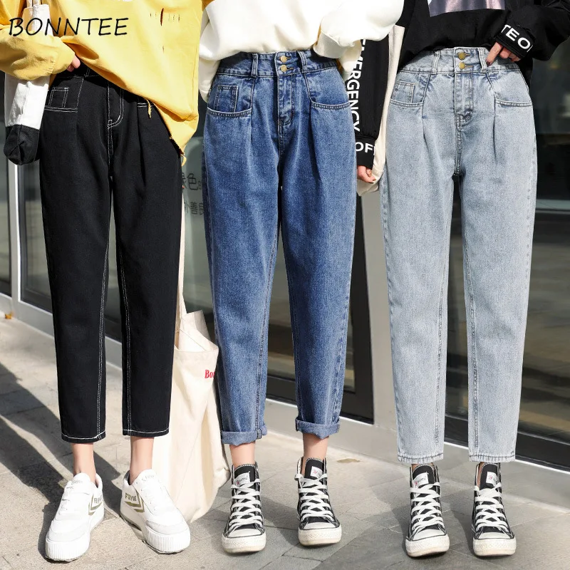 

Джинсы женские прямые с завышенной талией до щиколотки, винтажные свободные брюки из денима в Корейском стиле, уличная одежда в стиле Харад...