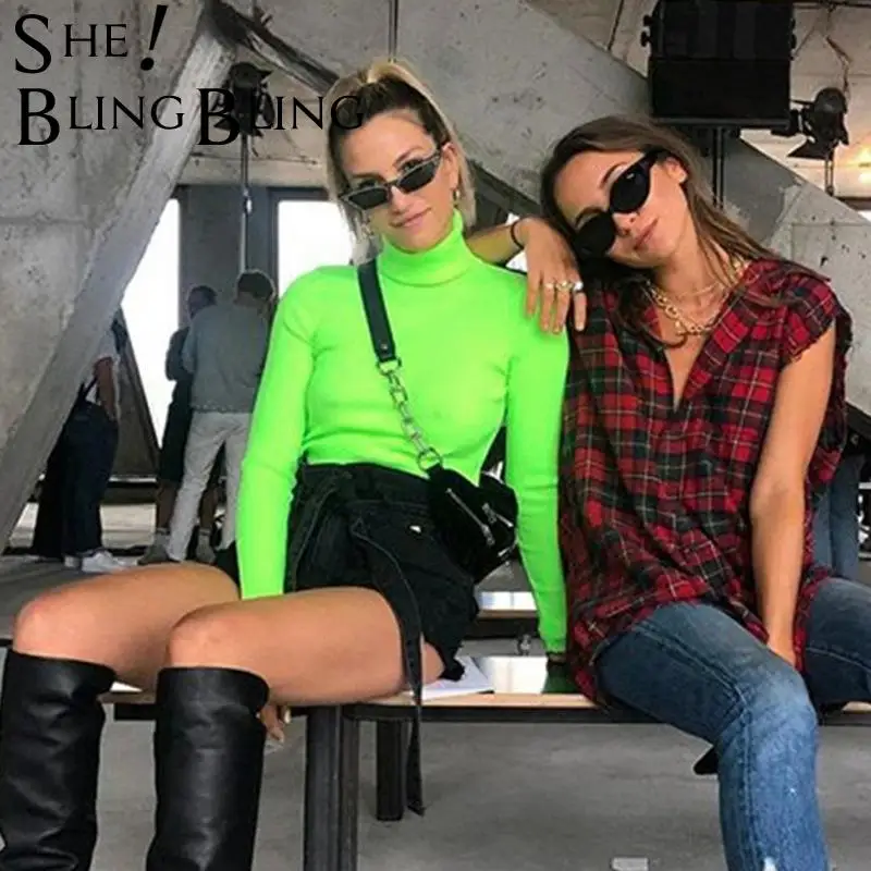 SheBlingBling с длинным рукавом облегающее платье высокой горловиной флуоресцентного