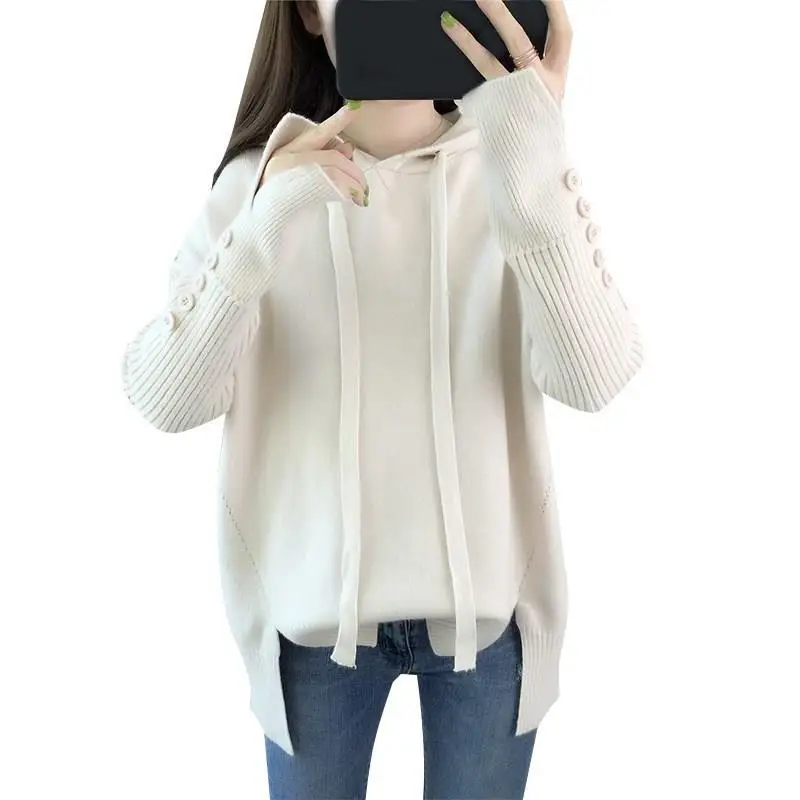 Autumn Loose Women Hooded Sweater Button Solid Knitted Office Lady Casual Jumper Pullovers | Женская одежда