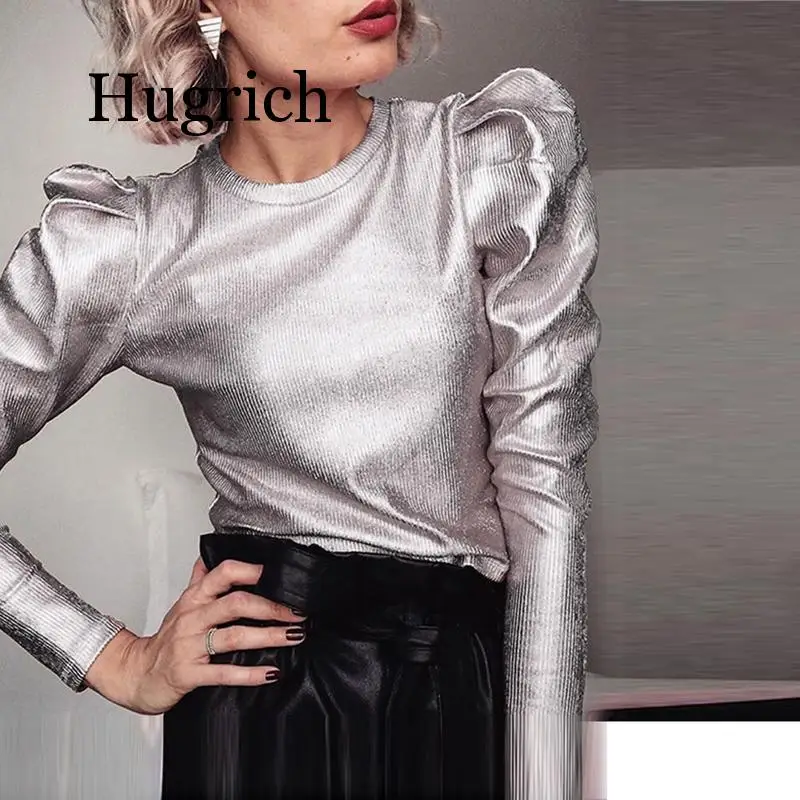 Gold Velvet Puff Long Sleeve Blouse Casual Shirt Women Spring O Neck Slim Fit Tops Fashion Streetwear Autumn Blouse