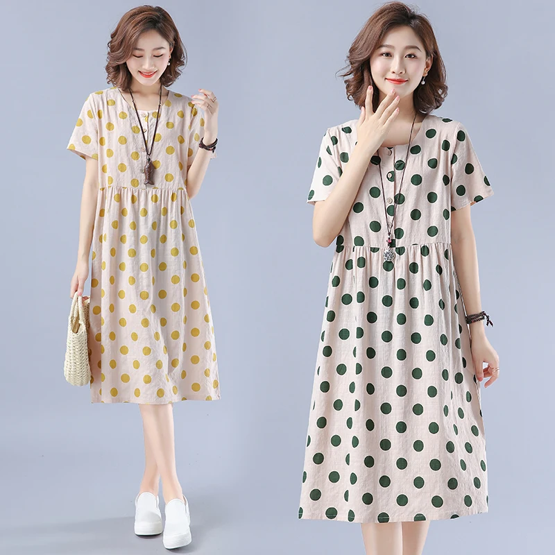 Летнее художественное модное платье большого размера в горошек из хлопка и льна