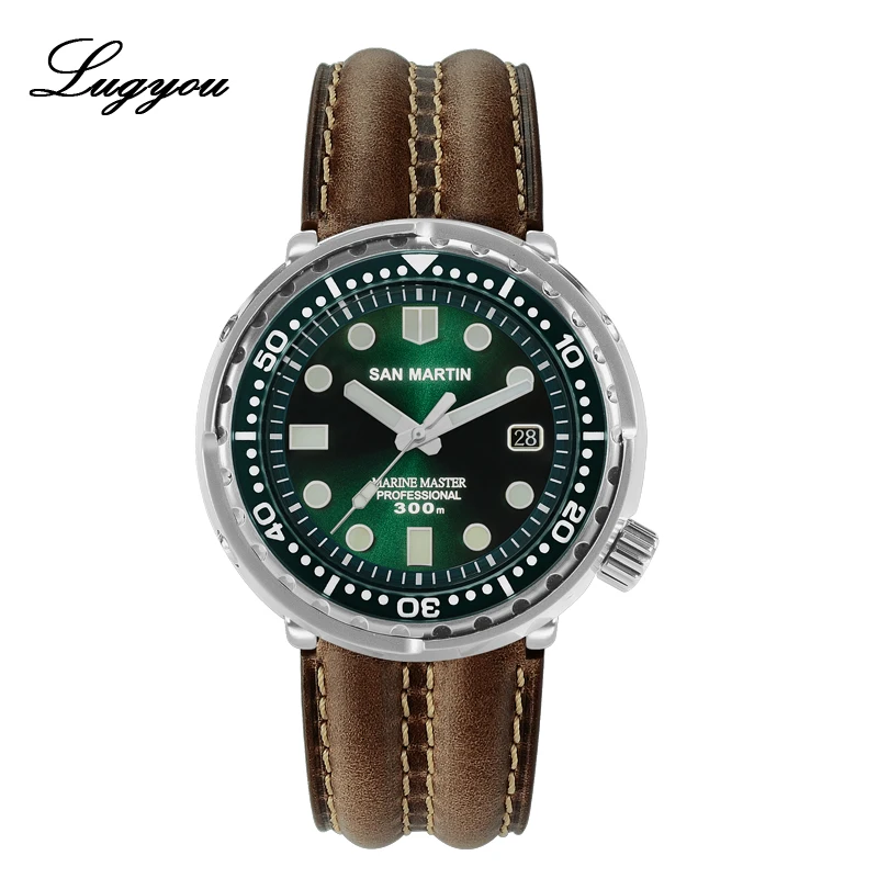 Leather Green Lugyou Сан Мартин тунец SBBN015 автоматические мужские часы для дайвинга из нержавеющей стали 300 м водостойкие солнечные лучи циферблат металлический браслет - Цвет: Leather Green