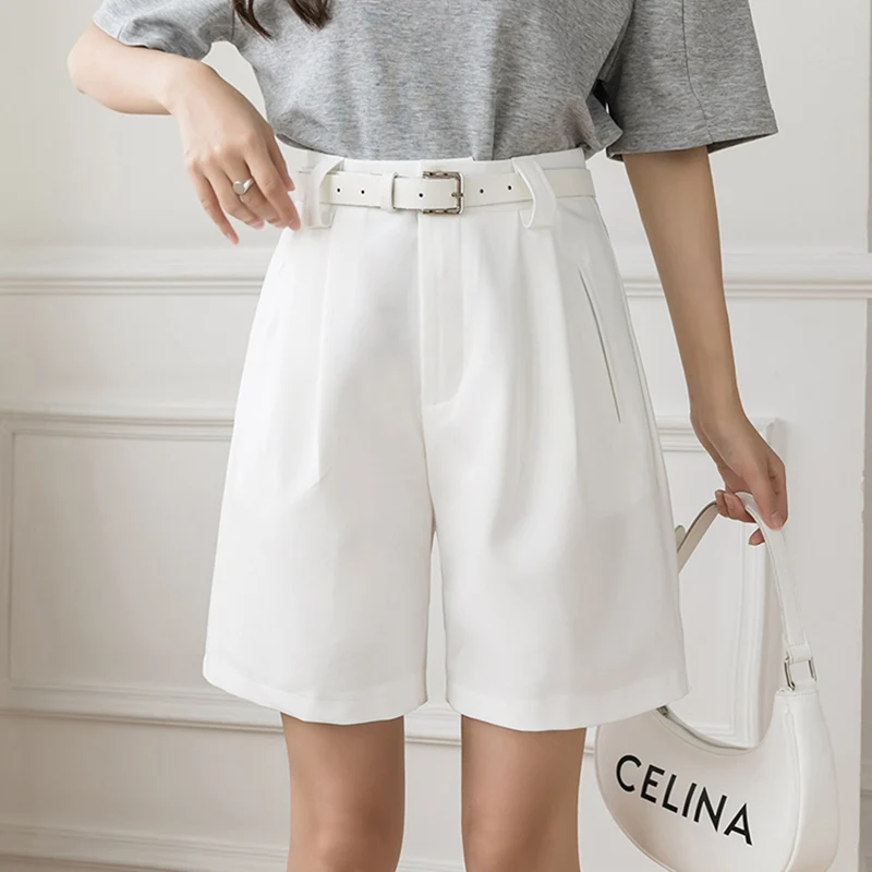 

White High Waist Casual Sashes Shorts Women Summer Hot Wide Legs Shorts With Pocket Office Lady Suit Short Pants Mujer