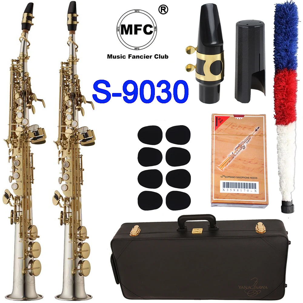 

MFC Soprano Saxophone S-9030 Silvering Gold Key Brass Sax Professional Mouthpiece Patches Pads Reeds Bend Neck