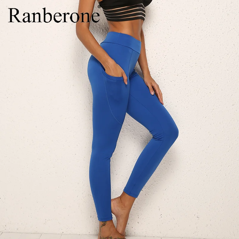 2020 Women Sport Yoga Pants Solid Color Leggings Pocket Gym Fitness Workout Running Tights Sexy Slim Pants High Waist Tracksuit