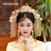 chinese classical headdress tranditional wedding crown hair comb hairpins set gold leaf flower brides costoume hair accessories