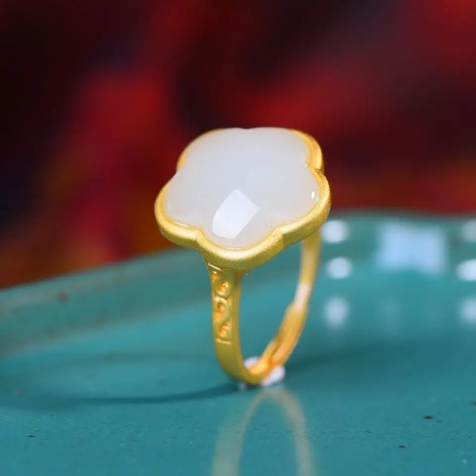 

Original Creative S925 Sterling Silver Natural Hetian Jade Flower Female Han Costume with Fashion Temperament Ladies Ring Rings