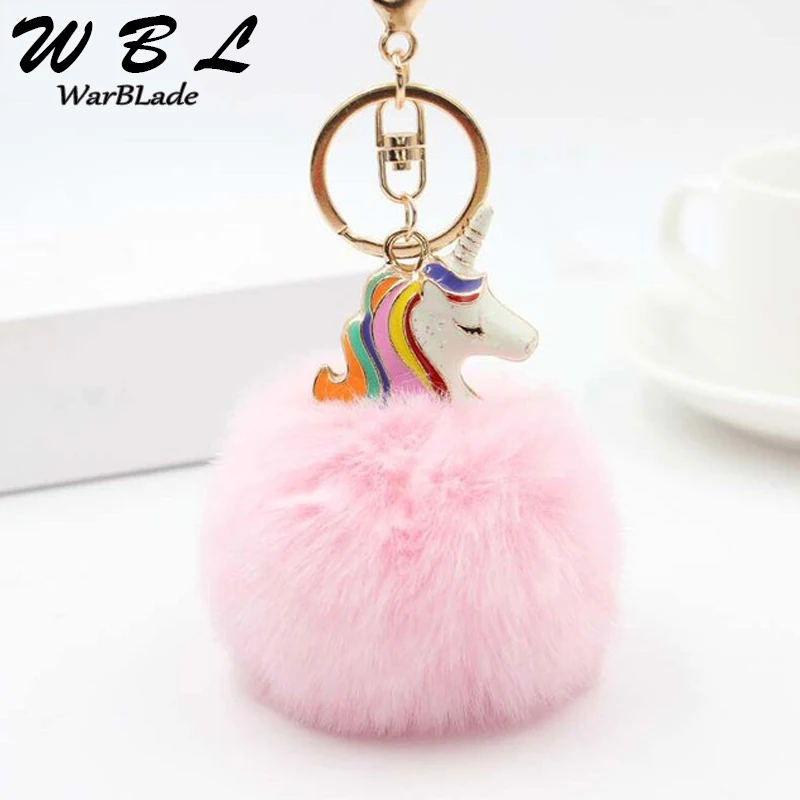 WarBLade Lovely Unicorn Keychain Women Car Bag Key Ring Artificial Fluffy Rabbit Fur Ball Pompom Chain Porte Clef chaveiro | Украшения и