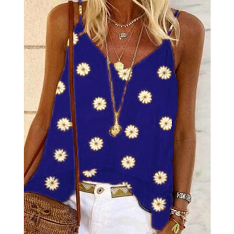 

2020 Summer Daisy Print Blouses Shirt Women Spring Backless Sleeveless Boho Blouse Plus Size Sexy V Neck Beach Straps Tops Blusa