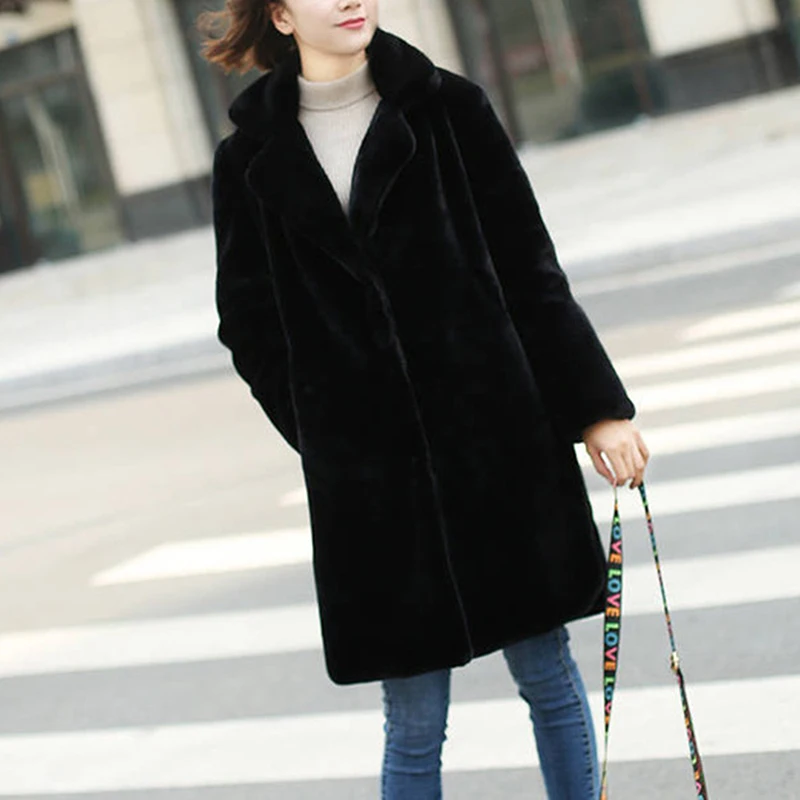Women Mink Faux Fur Coat Solid Female Turn Down Collar Winter Warm Fake Fur Lady Coat Casual Jacket Turn Down Collar Casaco