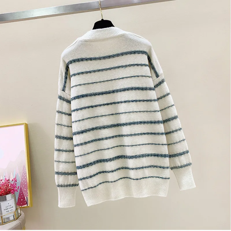 

Tonglord Women's Knitting Tops 2020 Autumn New Loose Striped O-Neck Long Sleeve Pullovers Straight Knitted Sweaters Office Lady