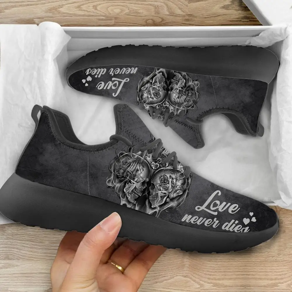 

ELVISWORDS Stylish Couple Sugar Skull Design Casual Women's Flats Shoes Comfortable Lace Up Ladies Air Mesh Knitting Footwear