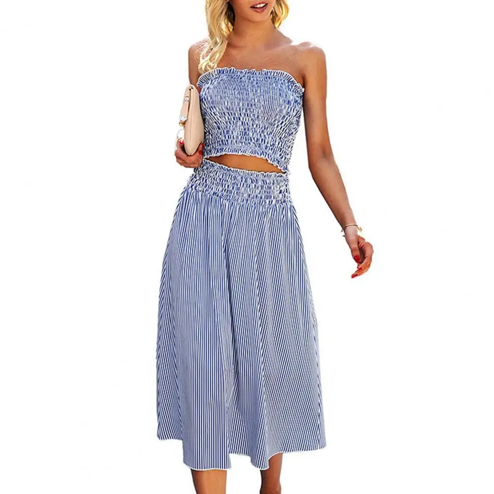 

Two Piece Set Women Striped Skirt Crop Top Dress Sets Elastic Waist Breast Tops A-line Casual Dress Outfits Dating