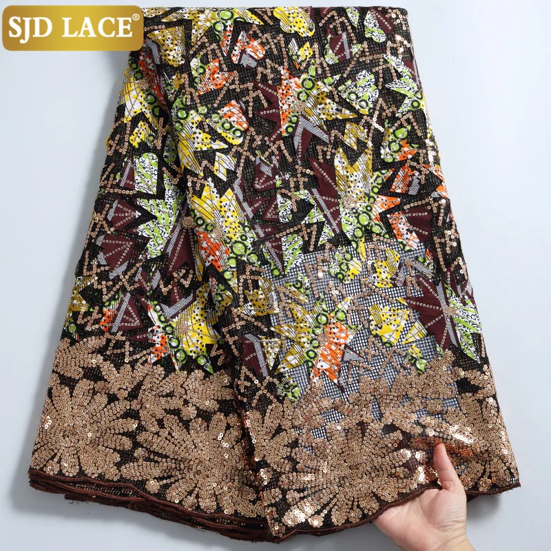 

SJD LACE Sewing Wax Lace Design African Net Lace Fabric With Sequins High Quality French Mesh Lace Fabric For Wedding Dress2277B