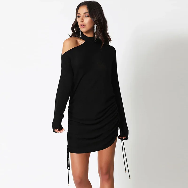 Элегантное Черное Осеннее платье с открытыми плечами женское кашемировое