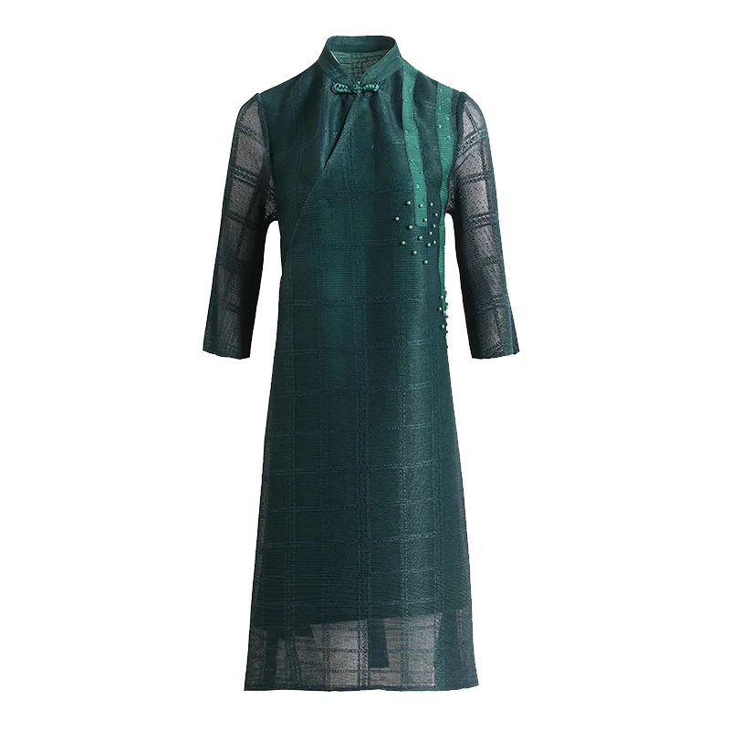 

Vintage Dress Plus Size For Women 45-75kg 2021 Spring Stand Collar Net Yarn Beading Loose Miyake Pleated A-Line Dress