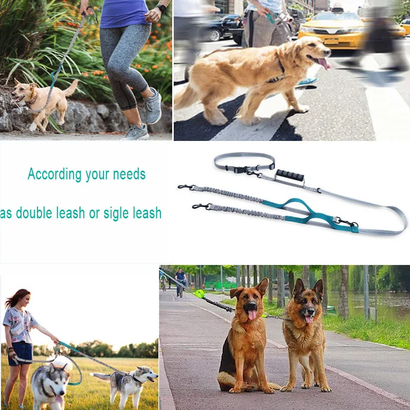 

Hands Free Two Dog Leash For Running Double Head Leash Rope Reflective Elasticity Dog Walking Collar Leash With Waist Belt CL166