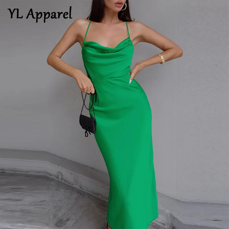 

Женское атласное платье-комбинация с открытой спиной, однотонное Элегантное платье без рукавов на шнуровке, длинное платье в уличном стиле,...