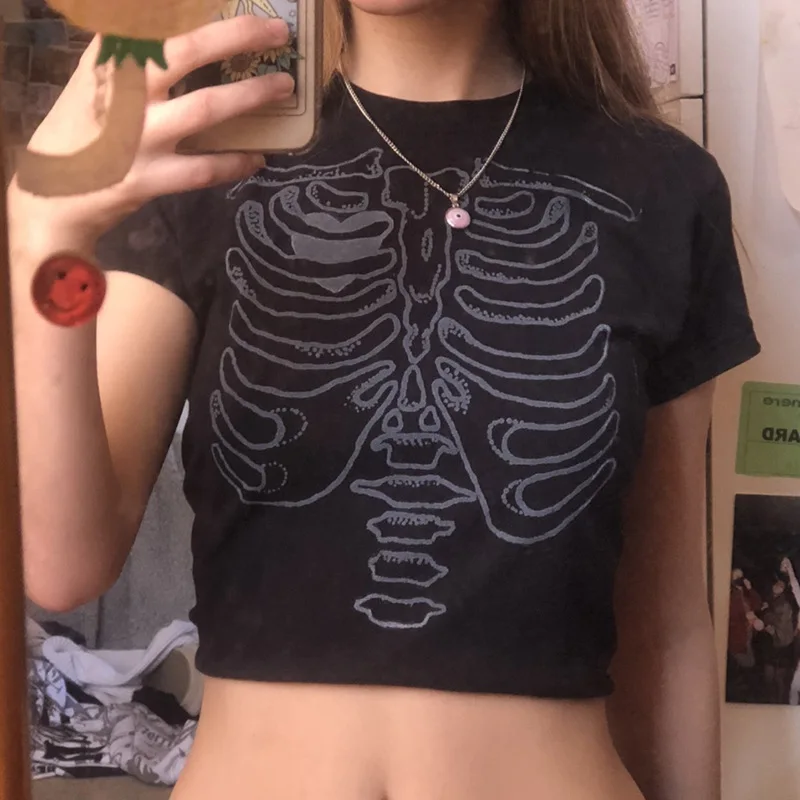 Пастель Гот скелет печати футболки для детей Летняя Y2K эстетика с О-образным