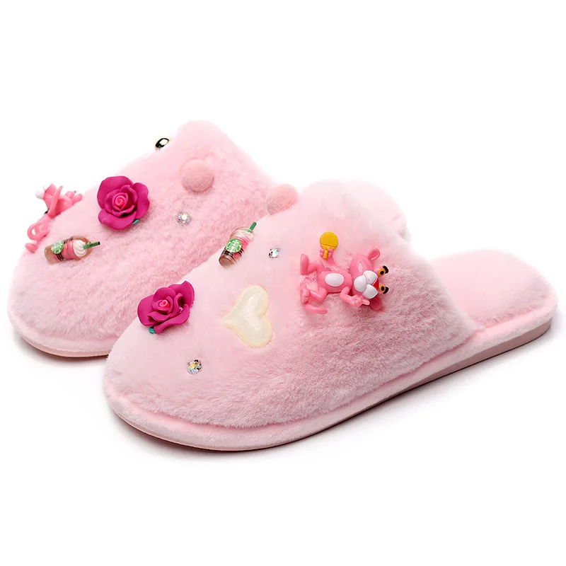 

New Women Cotton Slipper Ladies Winter Cartoon Candy Color 3D Decoration Female Plush Home Soft Non-Slip Warm Cotton Shoes hy423