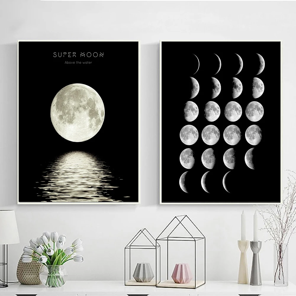 Плакат Laeacco в минималистичном стиле с изображением полной луны черные и белые