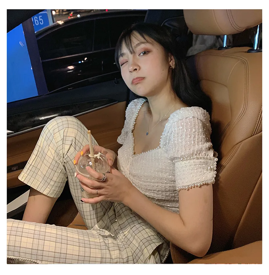 Женские винтажные блузки с жемчугом квадратным вырезом и кружевом | Женская