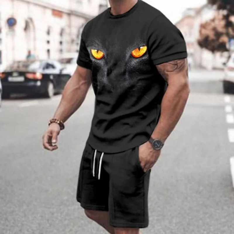 

Men's 2 Piece T-shirt +Shorts Animal Eyes Printed Summer Man 3D Beach Sets Breathable Short Sleeve Casual High Street Suit