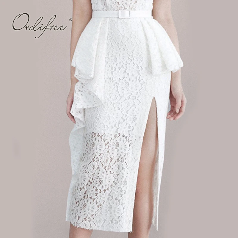 

Ordifree 2021 Summer Women White Party Dress Spaghetti Strap Vintage White Lace Sexy Bodycon Split Pencil Dress