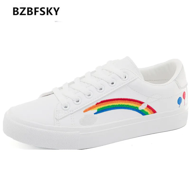 

Woman's Shoes Spring New Fashion Casual Rainbow Solid PU Leather Shoes Women Casual White Shoes leather Sneakers High Quality
