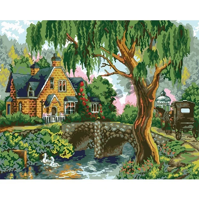 

Framed country house beautiful landscapes stone art canvas painting by numbers, horse-drawn vehicle carriage oil painting