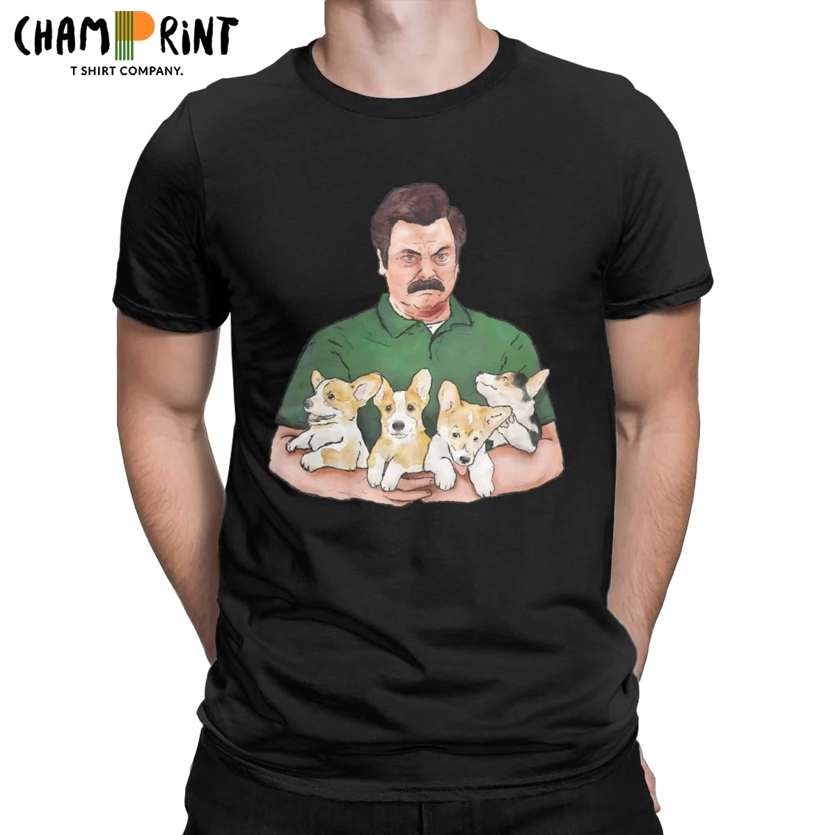 

Ron Swanson Holding Corgi Puppies T Shirts Men's Cotton Vintage T-Shirt Dog Lovers Tee Shirt Short Sleeve Clothing Printed