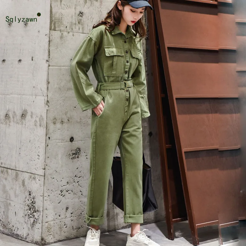 100% хлопок Женский Уличная одежда хаки джинсовый комбинезон Ретро с длинным