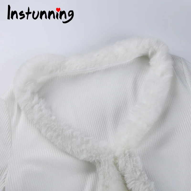 

Instunning Feather Collar Short Outerwear Knit Women Winter Cardigans Casual Elegant Vintage Crop Jacket 2021 Y2K Single Button