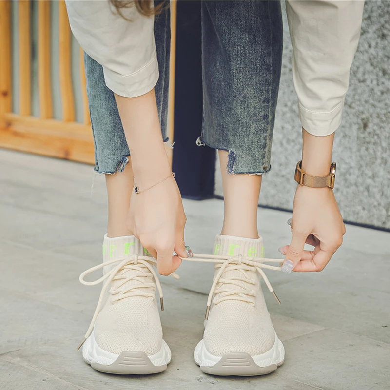 Rimocy Autumn Pink Sneakers Women 2019 New Knitting Lace Up Sock Shoes Woman Casual Walking Thick Bottom Zapatos De Mujer | Обувь