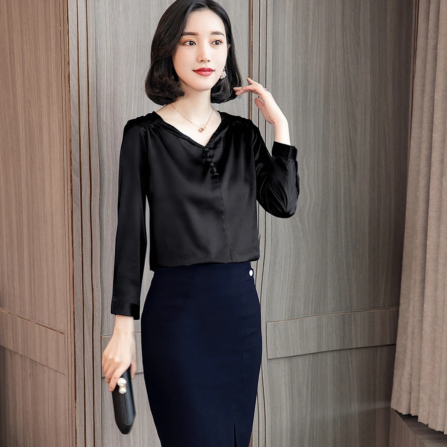 Блузка DICLOUD Женская простой сатин с длинным рукавом и треугольным вырезом