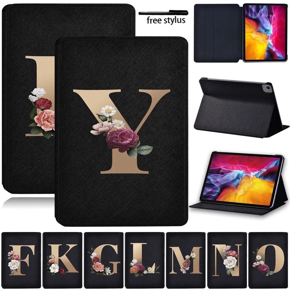 

For Apple IPad Air 4 2020 10.9 Inch Simple Style Tablet Case Gold Letter Series Leather Stand Flip Cover Case + Free Stylus