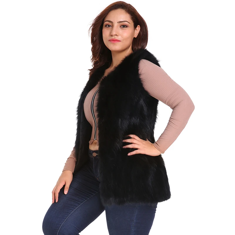 Autumn Winter Women Faux Fur Vest Women's Sleeveless Jacket with Pockets Black Fashion Plus Size Slim Femme Outwear | Женская одежда