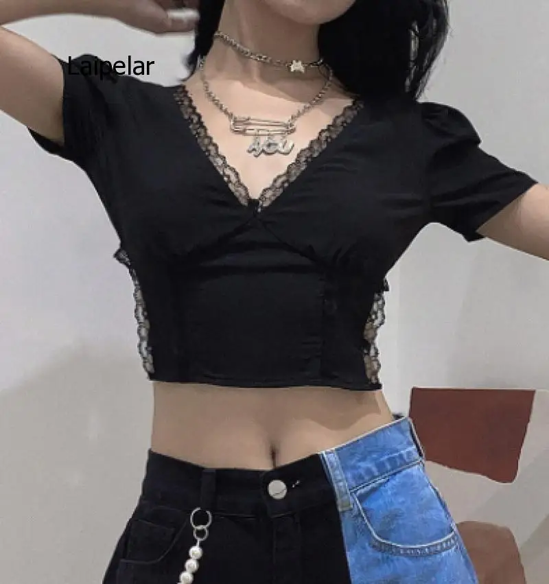 

Goth dark gothic sexy lace female summer crop tops black backless mesh bandage womens clothing vintage fashion