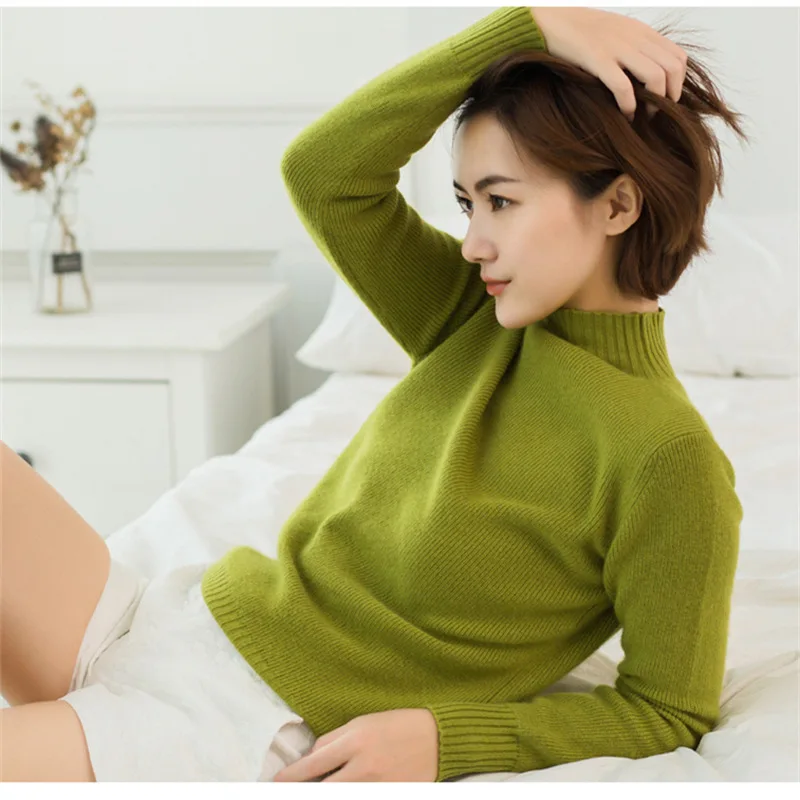 100% Wool Cashmere Knitted Sweater Women Vintage Solid Mock Neck Full Sleeve Female Pullover Elegant Luxury Jumpers Girls Tops