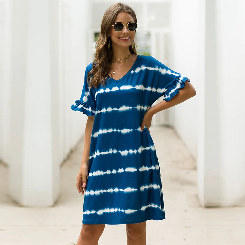 

2021 New Casual Butterfly Sleeve Summer Dress Women Loose V-neck Striped Knee-length Dress
