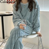 colorfaith 2021 new autumn winter women pajamas 2 piece sets oversized nightie sleepwear coral fleece home clothes suit pj2009