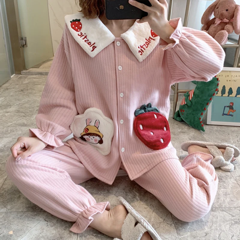 

Women Pajamas Comfortable Air Cotton Sleepwear Kawaii Strawberry Anime Pijamas Suit For Women Long Sleeve Winter Pyjama
