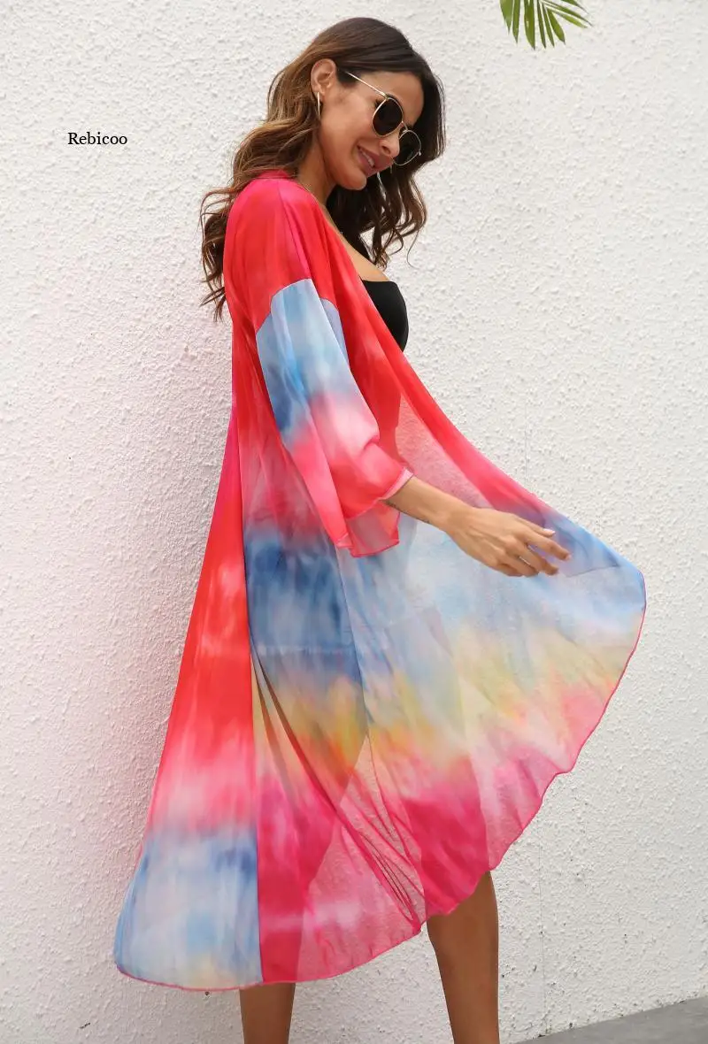 

2021 Bikini Cover Up Multicolor Mesh Beach Wear Women Robe De Plage Kimono Mujer Plus Size Beach Cover Up Beach