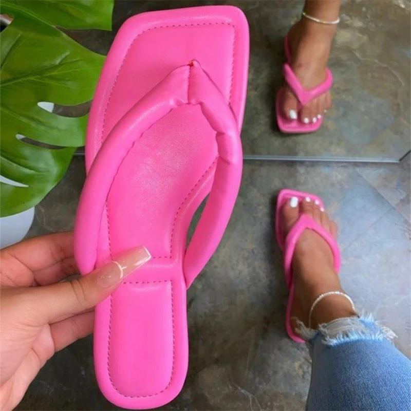 

Women Outdoor Flip Flops Big Size Fashion Square Toe Slippers 2020 Woman Summer Flat Female Footwear Beach Shoes Ladies Slides