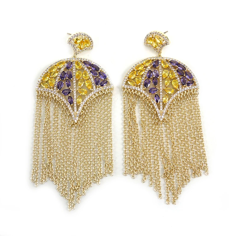 

Luxury Multicolor chain Dangle Earrings For Women Wedding Cubic Zirconia Dubai Bridal Earrings Costume Jewelry Gift Summer Part