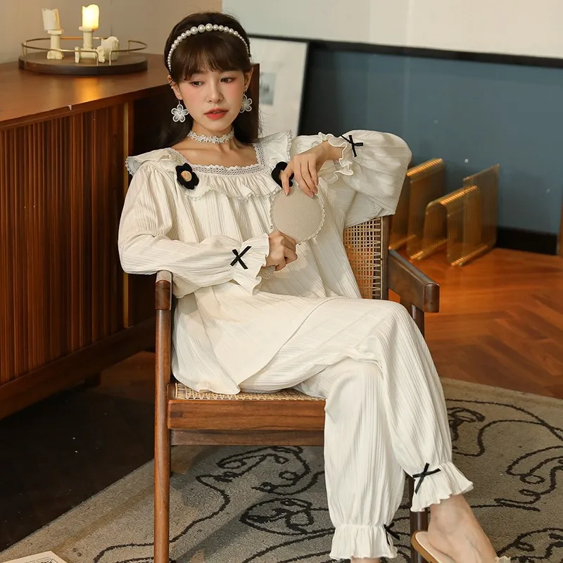 

Autumn pijamas Women Sets Long Sleeve Court Style Sleepwear Korean Round neck pyjamas Two-Piece Leisure Wear Homewear Two-Piece
