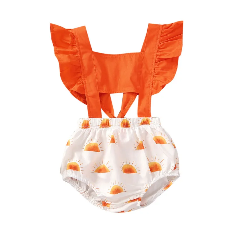 

0-24M Newborn Kid baby Girl Clothes Fly Sleeve Jumpsuits Sun Printing Stitching Bandage Romper Jumpsuit New born Cotton Outfit